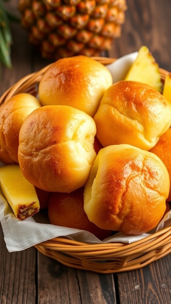 A basket of golden Hawaiian rolls with pineapple slices on a rustic wooden table.
